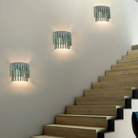 Blau Bohemian Wandlampe Vintage Natürlich HolzPerlen Wandleuchten Rustikale Boho Lampe Landhausstil Bauernhof Beleuchtung für Sc