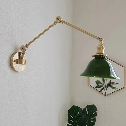 IWHD  Left And Right Rotate Copper Wall Lamp Beisde Swing Long Arm Green White Lampshade Nordic Modern Wandlamp Lighting